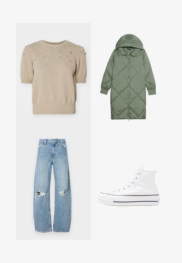 Gesteppten langer grüner Daunenmantel mit Kapuze, mit einem Reißverschluss vorne und zwei Seitentaschen. Strukturiertes Rautenmuster auf der gesamten Fläche.; Beige gestrickter Kurzarmpullover mit Rundhalsausschnitt, der auf der Vorderseite verstreute klare Strasssteine sowie gerippte Bündchen und Saumdetails aufweist.; Helles, hochtailliertes Jeans aus Denim. Hat weit geschnittene Beine, zwei aufgerissene Kniebereiche und klassischen Fünf-Taschen-Stil.; Weiße hochwertige Leinensneaker mit schwarzer Gummisohle, vorderem Gummizehenschutz und sechs Ösen für Schnürsenkel, die ein sauberes, minimalistisches Design aufweisen.