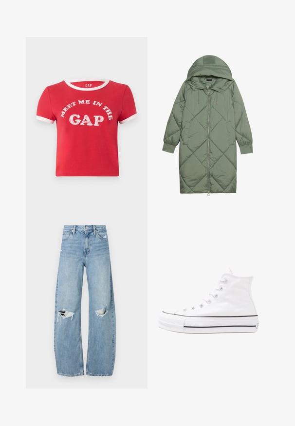 Pistetud pikk roheline puffermantel kapuutsiga, esiküljel tõmblukuga ja kahe küljetaskuga. Kogu pinnal on struktureeritud rombikujundus.; Punane puuvillane T-särk lühikeste varrukatega, valge soonikkoes krae ja varrukaaktsendid. Esiküljel on graafiline tekst "MEET ME IN THE GAP" valge värviga.; Heledad hallideega sinised teksad, millel on kõrge talje. Teksade jalgadel on lai alus, kaks rebitud kohta põlvede ümber ning klassikaline viie tasku stiil.; Valge kõrgem kangast tenniseking, millel on must kummist tald, ees kummist varvasetugi ja kuus aukku paelte jaoks, pakkudes puhta ja minimalistliku disaini.