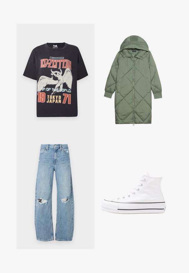 Izšūts garš zaļš pūšļa mētelis ar kapuci, ar priekšējo rāvējslēdzēju un divām sānu kabatām. Visā virsmā ir teksturēta dimanta raksts.; Melna kokvilnas t-krekls ar lielu grafisku attēlu, kurā attēlots eņģelis un uzraksts "Led Zeppelin koncerts Pasaules tūre Tokijā, Japānā 1971."; Gaiši zili, augstās vidukļa džinsi, kas izgatavoti no denima. Iespējas plašas kājas, divas plēstas ceļa daļas un klasiskā piecu kabatu dizains.; Balti augstie kanvas sporta apavi ar melnu gumijas zoli, priekšējo gumijas purngalu un sešām acīm lencēm, kuriem ir tīrs, minimālistisks dizains.