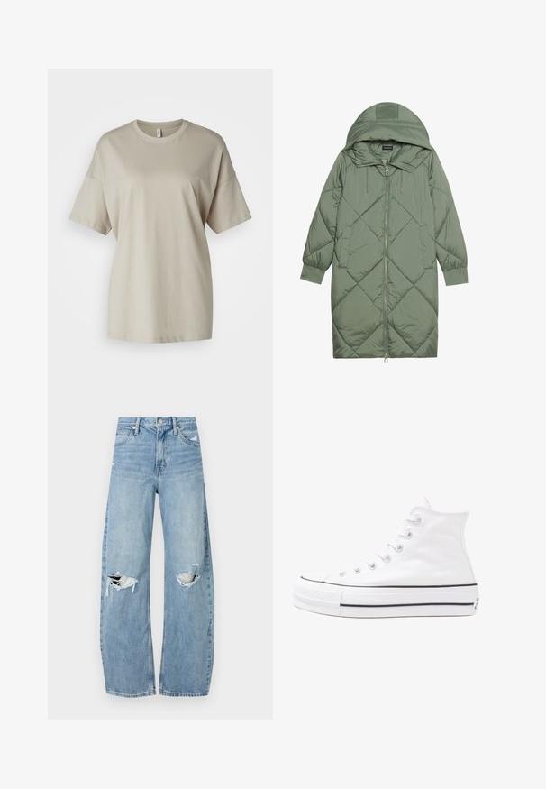 Quiltet lang grøn pufferjakke med hætte, med frontlynlås og to sidelommer. Teksturret diamantmønster over det hele.; Beige t-shirt lavet af blødt bomuld, med rund halsudskæring, korte ærmer og en afslappet pasform med lige kant.; Lysblå, højtraljede jeans lavet af denim. Har brede ben, to huller ved knæene og klassisk fem-lommes stil.; Hvide høje kanvas sneakers med sort gummisål, gummitåhætte foran og seks øjehuller til snørebånd, der har et rent, minimalistisk design.