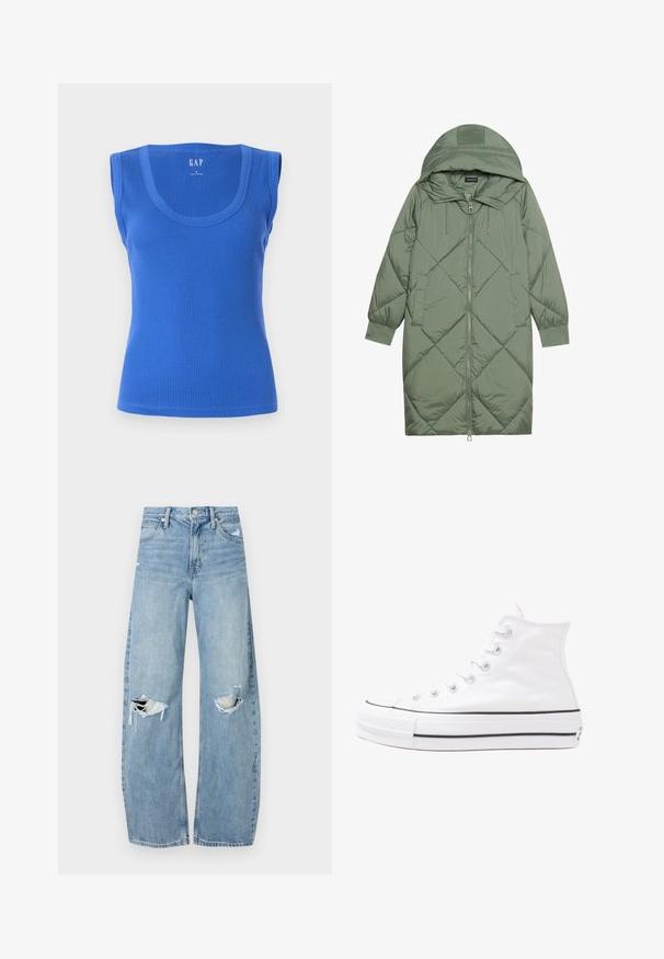 Cele nouă pictate în verde închis, din material pufos, cu glugă, care dispune de închidere cu fermoar frontal și două buzunare laterale. Model texturat cu un model în diamant pe întreaga suprafață.; Top din bumbac albastru cu dungi, cu bretele late, decolteu rotund și o siluetă ajustată. Textură netedă, fără modele sau accente.; Jeans de denim, de un bleu deschis, cu talie înaltă. Au picioare late, două zone rupte la genunchi și un stil clasic cu cinci buzunare.; Adidași albi tip pantofi sport cu glezna din pânză, cu talpă din cauciuc negru, capac de vârf din cauciuc frontal și șase ochiuri pentru șireturi, având un design curat și minimalist.