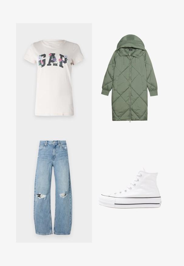 Vihreä vuorattu pitkänmallinen puhvitakki, jossa on huppu, etuvetoketju ja kaksi sivutaskua. Koko takin pinta on teksturoidussa timanttikuviossa.; Kreemivärviline puuvillane T-särk, millel on mustade boldsete tähtedega sõna "GAP", ümbritsetud mitmevärvilistest lillegraafikatest. Lühikesed varrukad ja ümmargune kaelus.; Vaaleansiniset, korkeavyötäröiset farkut, jotka on valmistettu denimmateriaalista. Ominaisuuksiin kuuluvat leveät lahkeet, kaksi revittyä polvialuetta ja klassinen viiden taskun tyyli.; Valkoiset korkeavartiset kangaskengät mustalla kumipohjalla, edessä kuminen varvasosa ja kuusi nauha-aukkoa, puhtaan minimalistisella muotoilulla.