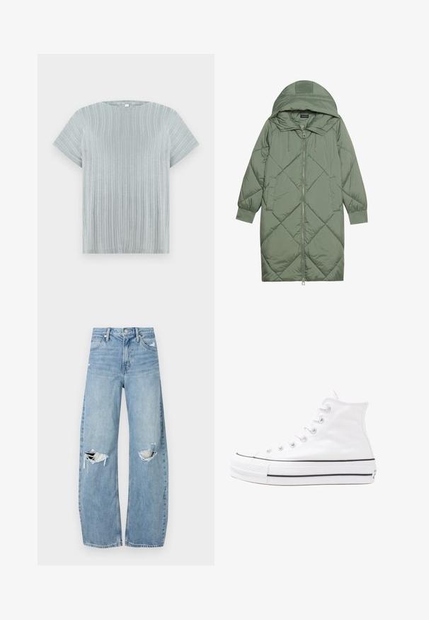 Prošívaný dlouhý zelený péřový kabát s kapucí, který má přední zip a dvě boční kapsy. Po celém povrchu je texturovaný diamantový vzor.; Světle šedý top s krátkým rukávem a žebrovanou texturou, s kulatým výstřihem, zdobený vertikálními pruhy na látce.; Světle modré džíny s vysokým pasem vyrobené z denimu. Mají široké nohavice, dvě roztržené oblasti na kolenou a klasický pětikapsový střih.; Bílé vysoké plátěné tenisky s černou gumovou podrážkou, přední gumovou špičkou a šesti očky na tkaničky, se čistým, minimalistickým designem.