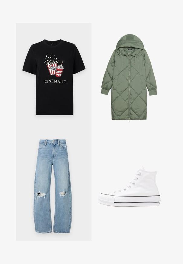 Prošívaný dlouhý zelený péřový kabát s kapucí, který má přední zip a dvě boční kapsy. Po celém povrchu je texturovaný diamantový vzor.; Černé bavlněné tričko s grafikou popcornu a nápoje. Design obsahuje červené a bílé pruhy s nápisem "CINEMATIC" v bílé barvě.; Světle modré džíny s vysokým pasem vyrobené z denimu. Mají široké nohavice, dvě roztržené oblasti na kolenou a klasický pětikapsový střih.; Bílé vysoké plátěné tenisky s černou gumovou podrážkou, přední gumovou špičkou a šesti očky na tkaničky, se čistým, minimalistickým designem.