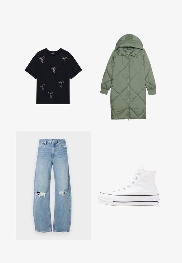 Quiltuotas ilgas žalias pūkinis paltas su kapuce, turintis priekinį užtrauktuką ir dvi šonines kišenes. Visame paviršiuje yra tekstūrinis rombų raštas.; Juodas medvilninis marškinėliai su įvairiais rhinestone akmenukais dekoruotais kaspinų dizainais priekyje. Apvali kaklo iškirptė ir trumpomis rankovėmis.; Šviesiai mėlynos, aukštu juosmeniu džinsai pagaminti iš džinsinio audinio. Turi plačias kojų kelnes, dvi suplėšytas kelio vietas ir klasikinį penkių kišenių dizainą.; Balti aukštakulniai drobės sportbačiai su juodu guminio pado, priekinio guminio piršto dangteliu ir šešiais akytėmis raištams, pasižymintys švariu, minimalistiniu dizainu.