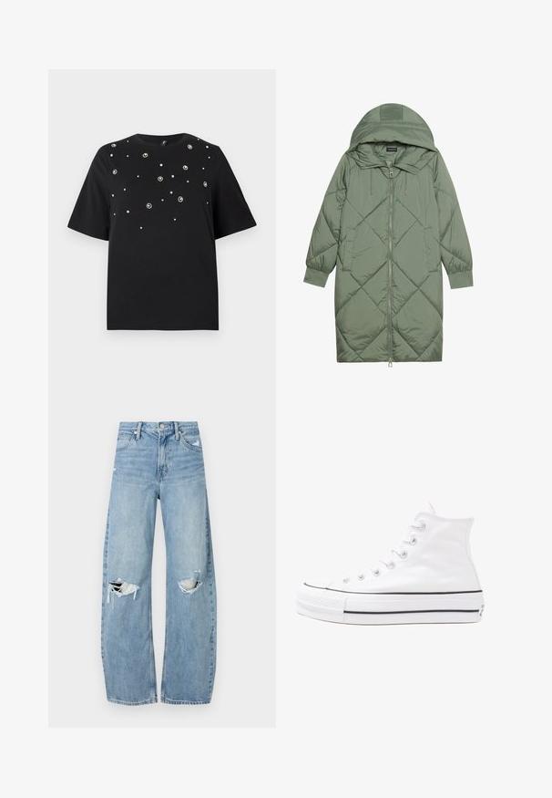 Izšūts garš zaļš pūšļa mētelis ar kapuci, ar priekšējo rāvējslēdzēju un divām sānu kabatām. Visā virsmā ir teksturēta dimanta raksts.; Melna T-kreklu ar īsām piedurknēm, apaļu kaklu un izkaisītiem sudraba rotājumiem ziedu rakstos uz priekšpuses.; Gaiši zili, augstās vidukļa džinsi, kas izgatavoti no denima. Iespējas plašas kājas, divas plēstas ceļa daļas un klasiskā piecu kabatu dizains.; Balti augstie kanvas sporta apavi ar melnu gumijas zoli, priekšējo gumijas purngalu un sešām acīm lencēm, kuriem ir tīrs, minimālistisks dizains.