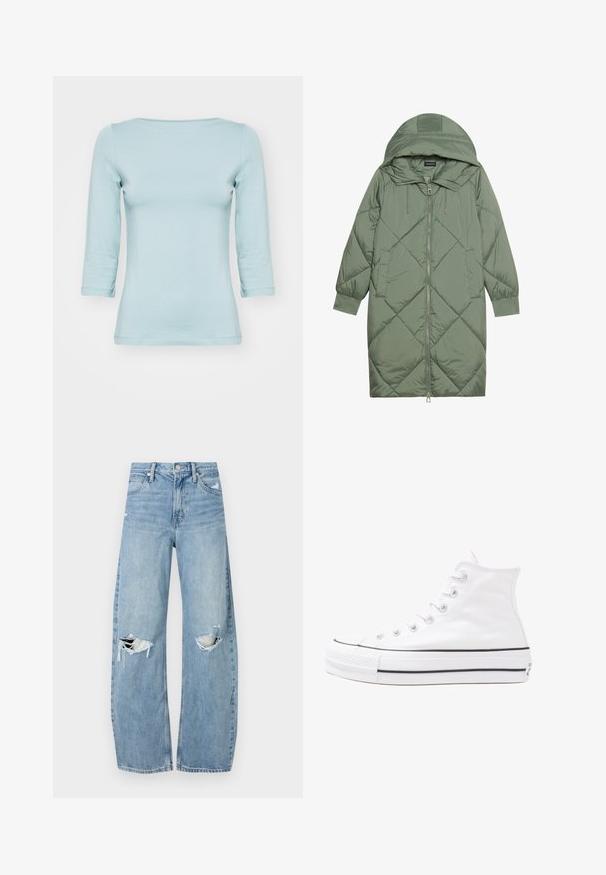 Steppelt, hosszú zöld pufikabát kapucnival, elöl cipzáras záródással és két oldalsó zsebből áll. Az anyagon teljes hosszában váltakozó gyémántmintázat található.; Világoskék, 3/4-es ujjú ing, puha anyagból készült. Kerek nyakkivágással és testhez illeszkedő fazonnal rendelkezik. Varrás nélküli kivitelezés, minta nélkül.; Világoskék, magas derekú farmernadrág. Széles lábakkal, két szakadt térddel és klasszikus öt zsebes dizájnnal rendelkezik.; Fehér magaskorsó vászon sportcipő fekete gumi talppal, elülső gumi orrnyereggel és hat fűzőlyukkal, letisztult, minimalista dizájnnal.