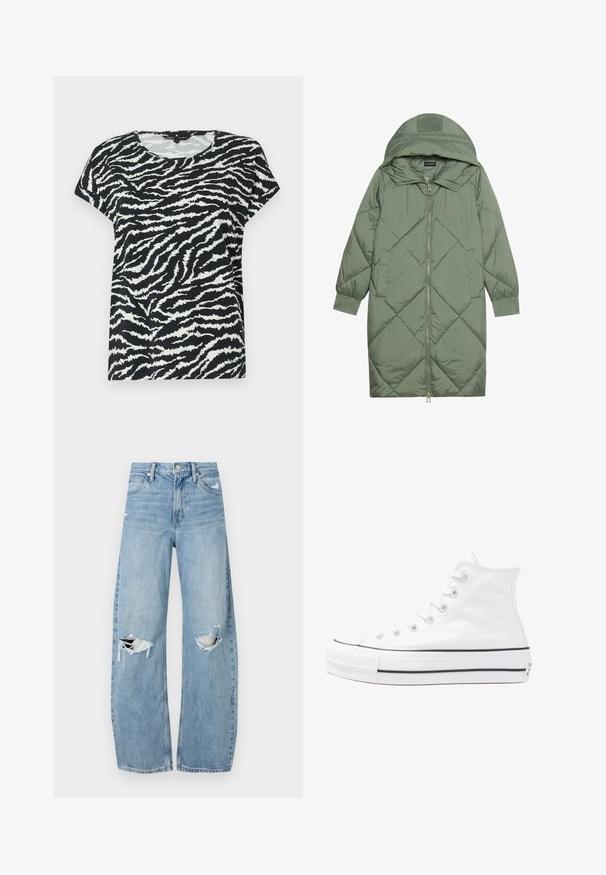 Gequiltede lange groene pufferjas met een capuchon, met een ritssluiting aan de voorkant en twee zijzakken. Gelaagd ruitpatroon overal.; Zwart-wit T-shirt met korte mouwen featuring een zebrapatroon, ronde halslijn en zachte textuur. Casual pasvorm en comfortabel ontwerp.; Lichtblauwe, hooggeritste jeans van denim. Beschikken over wijde pijpen, twee gescheurde knievalken en klassieke vijfzakken styling.; Witte high-top canvas sneakers met een zwarte rubberen zool, een rubberen neuskap aan de voorkant en zes gaatjes voor veters, met een schone, minimalistische uitstraling.