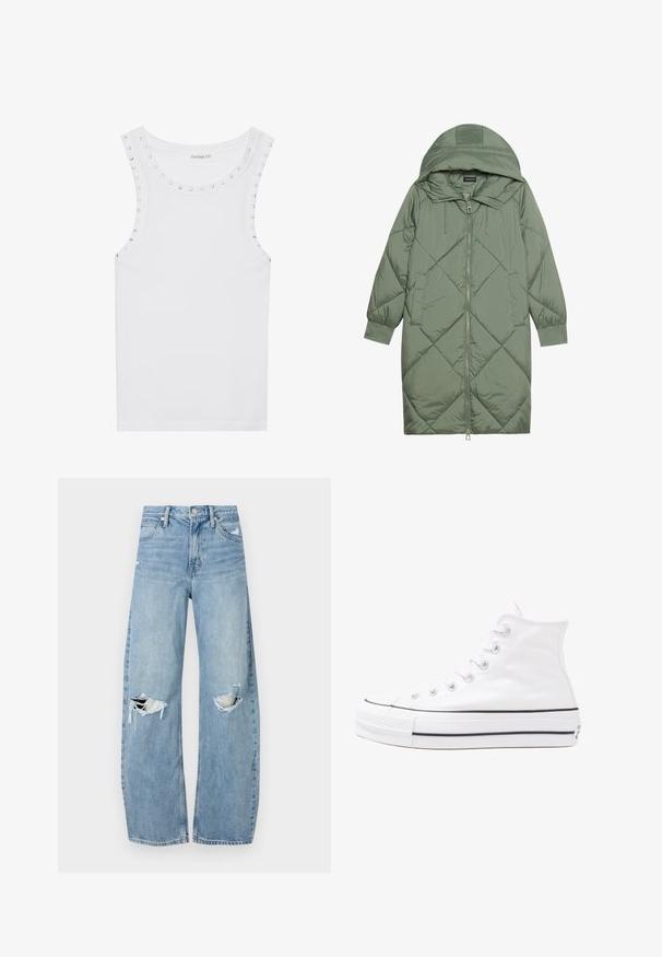 Cappotto lungo imbottito verde con un cappuccio, caratterizzato da una chiusura frontale a zip e due tasche laterali. Motivo a rombi testurizzati su tutta la superficie.; Canotta bianca senza maniche in cotone, con scollo rotondo decorato con borchie argentate sulle spalle per un tocco di classe.; Jeans azzurri chiari a vita alta realizzati in denim. Presentano gambe larghe, due aree strappate sulle ginocchia e il classico styling a cinque tasche.; Sneaker alta in tela bianca con suola in gomma nera, punta in gomma frontale e sei asole per i lacci, caratterizzata da un design pulito e minimalista.