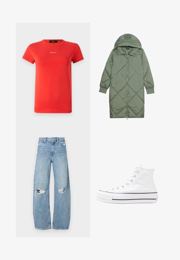 Pistetud pikk roheline puffermantel kapuutsiga, esiküljel tõmblukuga ja kahe küljetaskuga. Kogu pinnal on struktureeritud rombikujundus.; Replay LOGO - Lihtne T-särk - red; Heledad hallideega sinised teksad, millel on kõrge talje. Teksade jalgadel on lai alus, kaks rebitud kohta põlvede ümber ning klassikaline viie tasku stiil.; Valge kõrgem kangast tenniseking, millel on must kummist tald, ees kummist varvasetugi ja kuus aukku paelte jaoks, pakkudes puhta ja minimalistliku disaini.