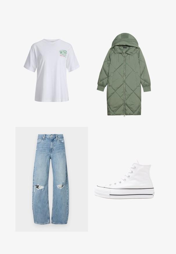 Cele nouă pictate în verde închis, din material pufos, cu glugă, care dispune de închidere cu fermoar frontal și două buzunare laterale. Model texturat cu un model în diamant pe întreaga suprafață.; Tricou alb din bumbac, cu mâneci scurte, fit lejer, cu un grafic verde pe piept și text roșu "DIN 2020" dedesubt.; Jeans de denim, de un bleu deschis, cu talie înaltă. Au picioare late, două zone rupte la genunchi și un stil clasic cu cinci buzunare.; Adidași albi tip pantofi sport cu glezna din pânză, cu talpă din cauciuc negru, capac de vârf din cauciuc frontal și șase ochiuri pentru șireturi, având un design curat și minimalist.