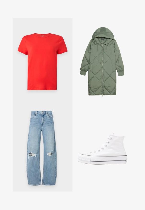 Cele nouă pictate în verde închis, din material pufos, cu glugă, care dispune de închidere cu fermoar frontal și două buzunare laterale. Model texturat cu un model în diamant pe întreaga suprafață.; Tricou scurt din bumbac roșu, cu mânecă scurtă și decolteu rotund, având o croială lejeră și logo-ul "GAP" în alb, situat în centrul decolteului.; Jeans de denim, de un bleu deschis, cu talie înaltă. Au picioare late, două zone rupte la genunchi și un stil clasic cu cinci buzunare.; Adidași albi tip pantofi sport cu glezna din pânză, cu talpă din cauciuc negru, capac de vârf din cauciuc frontal și șase ochiuri pentru șireturi, având un design curat și minimalist.