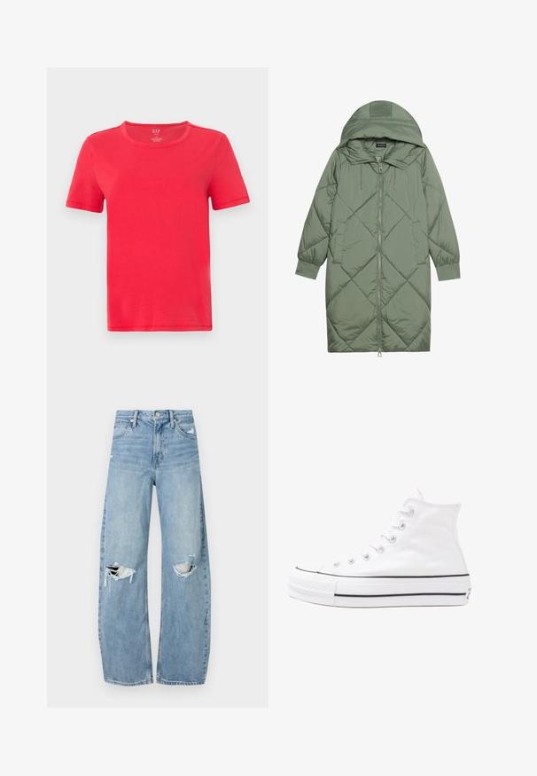 Izšūts garš zaļš pūšļa mētelis ar kapuci, ar priekšējo rāvējslēdzēju un divām sānu kabatām. Visā virsmā ir teksturēta dimanta raksts.; Sarkana īsām piedurknēm T-krekls, kas izgatavots no kokvilnas. Tam ir klasiskā apkakle un vienkāršs dizains bez rakstiem vai akcentiem.; Gaiši zili, augstās vidukļa džinsi, kas izgatavoti no denima. Iespējas plašas kājas, divas plēstas ceļa daļas un klasiskā piecu kabatu dizains.; Balti augstie kanvas sporta apavi ar melnu gumijas zoli, priekšējo gumijas purngalu un sešām acīm lencēm, kuriem ir tīrs, minimālistisks dizains.