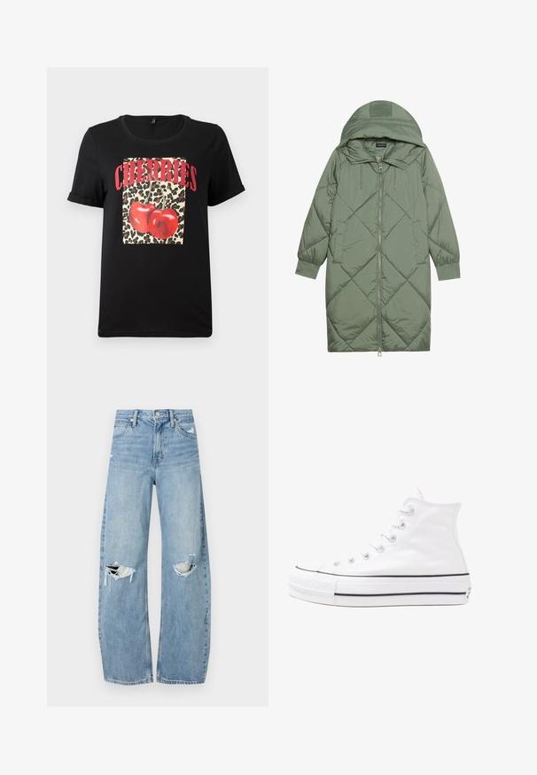 Abrigo acolchado largo verde tipo puffer con capucha, que presenta un cierre frontal con cremallera y dos bolsillos laterales. Patrón de diamantes texturizado en toda su superficie.; Camiseta negra de manga corta con un cuadrado de estampado de leopardo y cerezas rojas, y el texto "CHERRIES" en letras rojas en negrita. Tela de algodón suave.; Vaqueros de mezclilla de tiro alto en azul claro. Tienen piernas anchas, dos áreas desgastadas en las rodillas y un estilo clásico de cinco bolsillos.; Zapatilla de lona alta blanca con suela de goma negra, puntera de goma frontal y seis ojetes para los cordones, que presenta un diseño limpio y minimalista.