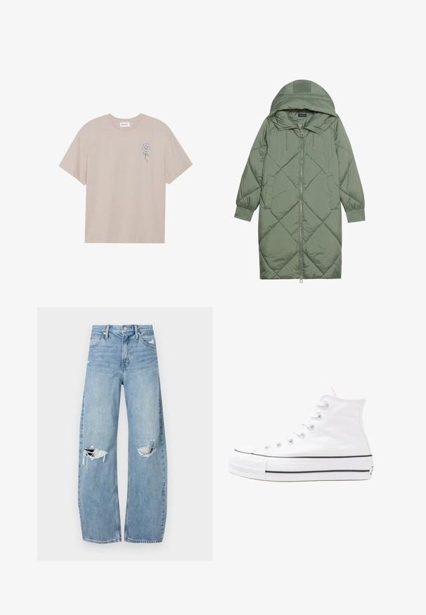 Pistetud pikk roheline puffermantel kapuutsiga, esiküljel tõmblukuga ja kahe küljetaskuga. Kogu pinnal on struktureeritud rombikujundus.; Bež puuvillane T-särk, millel on violetsest lillest tikand vasakul rinnal. Lühikesed varrukad ja ümmargune kaelus puhaste servadega.; Heledad hallideega sinised teksad, millel on kõrge talje. Teksade jalgadel on lai alus, kaks rebitud kohta põlvede ümber ning klassikaline viie tasku stiil.; Valge kõrgem kangast tenniseking, millel on must kummist tald, ees kummist varvasetugi ja kuus aukku paelte jaoks, pakkudes puhta ja minimalistliku disaini.