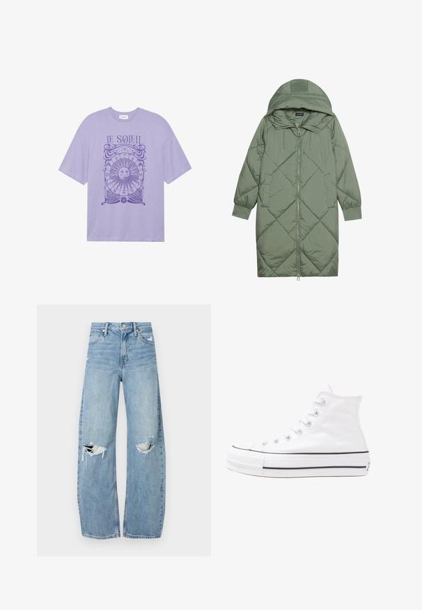 Quilted long green puffer coat with a hood, featuring a front zipper closure and two side pockets. Textured diamond pattern throughout.; Purple cotton t-shirt with short sleeves, featuring a circular sun graphic and the text "LE SOLEIL" in purple ink on the front.; Light blue, high-waisted jeans made of denim. Feature wide legs, two torn knee areas, and classic five-pocket styling.; White high-top canvas sneaker with black rubber sole, front rubber toe cap, and six eyelets for laces, featuring a clean, minimalist design.