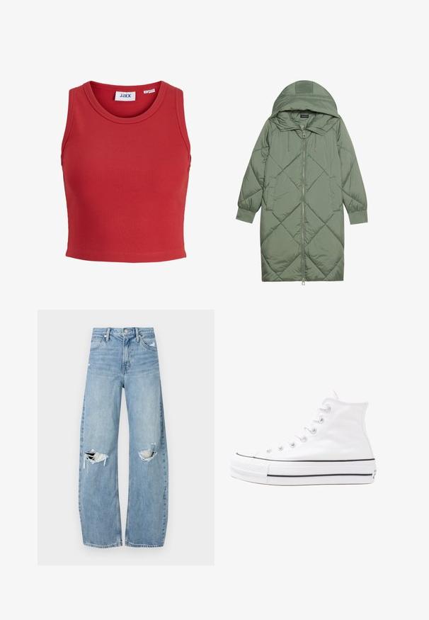 Steppelt, hosszú zöld pufikabát kapucnival, elöl cipzáras záródással és két oldalsó zsebből áll. Az anyagon teljes hosszában váltakozó gyémántmintázat található.; Piros bordázott ujjatlan crop top, kerek nyakkivágással és steppeléses hemeléssel. Belül címke található a gallérban. Puha, texturált anyag.; Világoskék, magas derekú farmernadrág. Széles lábakkal, két szakadt térddel és klasszikus öt zsebes dizájnnal rendelkezik.; Fehér magaskorsó vászon sportcipő fekete gumi talppal, elülső gumi orrnyereggel és hat fűzőlyukkal, letisztult, minimalista dizájnnal.