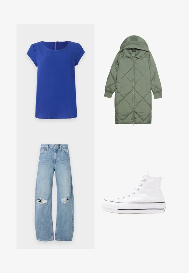 Zelený prešívaný páperový kabát s kapucňou, so zipsovým uzáverom vpredu a dvoma bočnými vreckami. Po celom povrchu je textúrovaný diamantový vzor.; Modrá krátka blúzka s krátkymi rukávmi vyrobená z hladkej látky. Má okrúhly výstrih a skrytý zips na zadnej strane. Rovno strihaný lem.; Svetlomodré, vysoké džínsy vyrobené z denimu. Majú široké nohavice, dve roztrhnuté kolená a klasický päťvreckový strih.; Biele vysoké plátené tenisky s čiernou gumovou podošvou, prednou gumovou špičkou a šiestimi okami na šnúrky, s čistým, minimalistickým dizajnom.