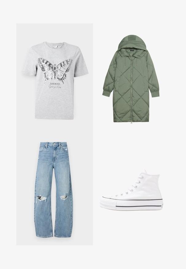 Quilted long green puffer coat with a hood, featuring a front zipper closure and two side pockets. Textured diamond pattern throughout.; Grey cotton t-shirt featuring a butterfly graphic with sequin accents. Text below reads "YOU ARE FREE TO FLY Spread your Wings."; Light blue, high-waisted jeans made of denim. Feature wide legs, two torn knee areas, and classic five-pocket styling.; White high-top canvas sneaker with black rubber sole, front rubber toe cap, and six eyelets for laces, featuring a clean, minimalist design.