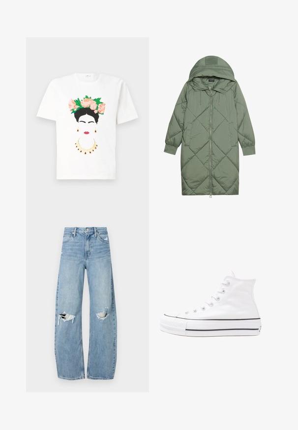 Casaco puffer longo verde acolchoado com capuz, apresentando um fecho frontal com zíper e dois bolsos laterais. Padrão texturizado em forma de diamante por todo o casaco.; T-shirt de algodão branca com um design gráfico de um rosto feminino com cabelo escuro, coroa de flores e joias em cores vibrantes.; Jeans de lavagem clara, de cintura alta, feitos de denim. Apresentam pernas largas, duas áreas rasgadas nos joelhos e o estilo clássico de cinco bolsos.; Sapatilha alta de tela branca com sola de borracha preta, bico de borracha na frente e seis ilhós para os atacadores, apresentando um design limpo e minimalista.
