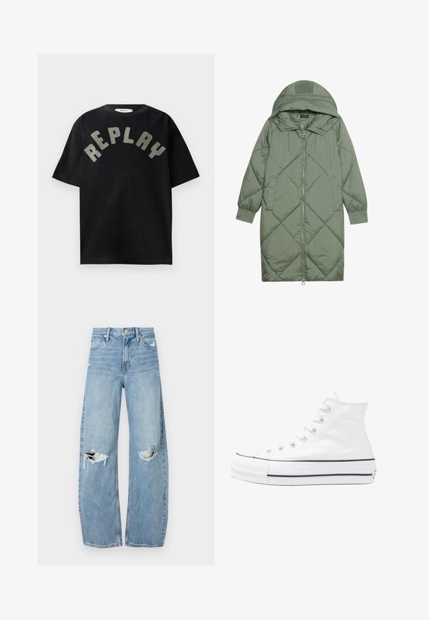 Prošívaný dlouhý zelený péřový kabát s kapucí, který má přední zip a dvě boční kapsy. Po celém povrchu je texturovaný diamantový vzor.; Černé bavlněné tričko s krátkým rukávem a kulatým výstřihem, na přední straně je zakřivený, velký, světle šedý grafický nápis "REPLAY".; Světle modré džíny s vysokým pasem vyrobené z denimu. Mají široké nohavice, dvě roztržené oblasti na kolenou a klasický pětikapsový střih.; Bílé vysoké plátěné tenisky s černou gumovou podrážkou, přední gumovou špičkou a šesti očky na tkaničky, se čistým, minimalistickým designem.