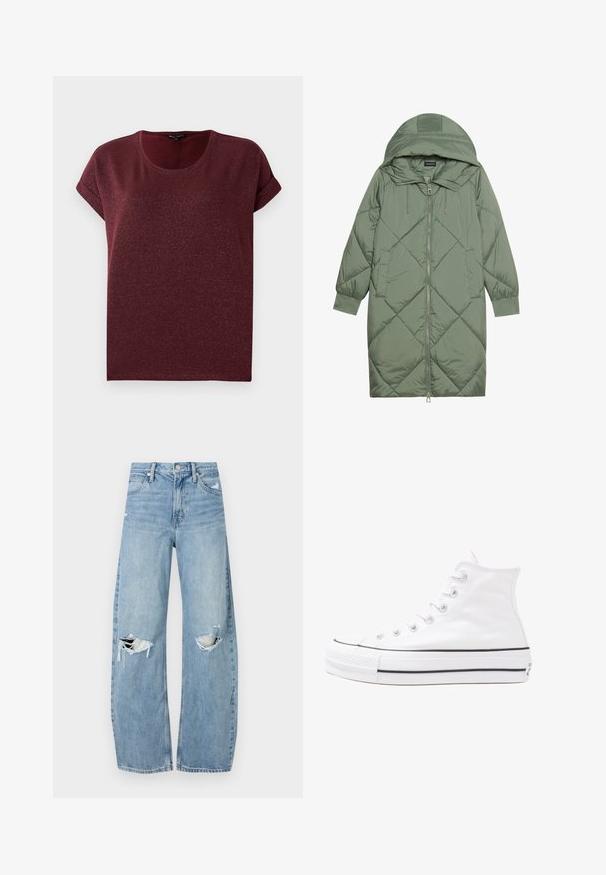 Prošívaný dlouhý zelený péřový kabát s kapucí, který má přední zip a dvě boční kapsy. Po celém povrchu je texturovaný diamantový vzor.; Vínový krátký rukáv top vyrobený z texturované, třpytivé látky s kulatým výstřihem a ohrnutými manžetami. Uvolněný střih.; Světle modré džíny s vysokým pasem vyrobené z denimu. Mají široké nohavice, dvě roztržené oblasti na kolenou a klasický pětikapsový střih.; Bílé vysoké plátěné tenisky s černou gumovou podrážkou, přední gumovou špičkou a šesti očky na tkaničky, se čistým, minimalistickým designem.