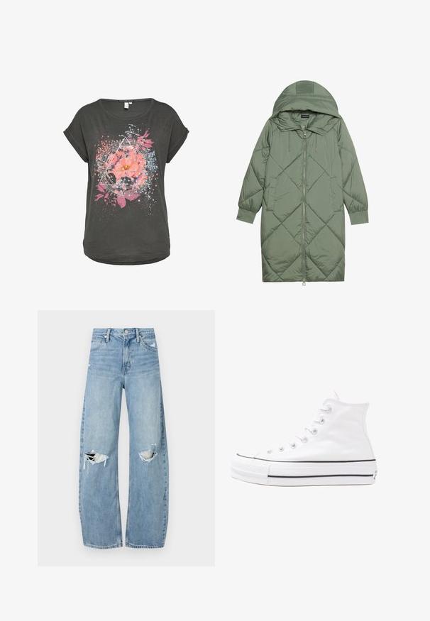 Abrigo acolchado largo verde tipo puffer con capucha, que presenta un cierre frontal con cremallera y dos bolsillos laterales. Patrón de diamantes texturizado en toda su superficie.; Camiseta de manga corta de color gris oscuro, con un gráfico floral que presenta flores rosas y acentos azules, rodeado de formas geométricas y patrones de salpicaduras.; Vaqueros de mezclilla de tiro alto en azul claro. Tienen piernas anchas, dos áreas desgastadas en las rodillas y un estilo clásico de cinco bolsillos.; Zapatilla de lona alta blanca con suela de goma negra, puntera de goma frontal y seis ojetes para los cordones, que presenta un diseño limpio y minimalista.