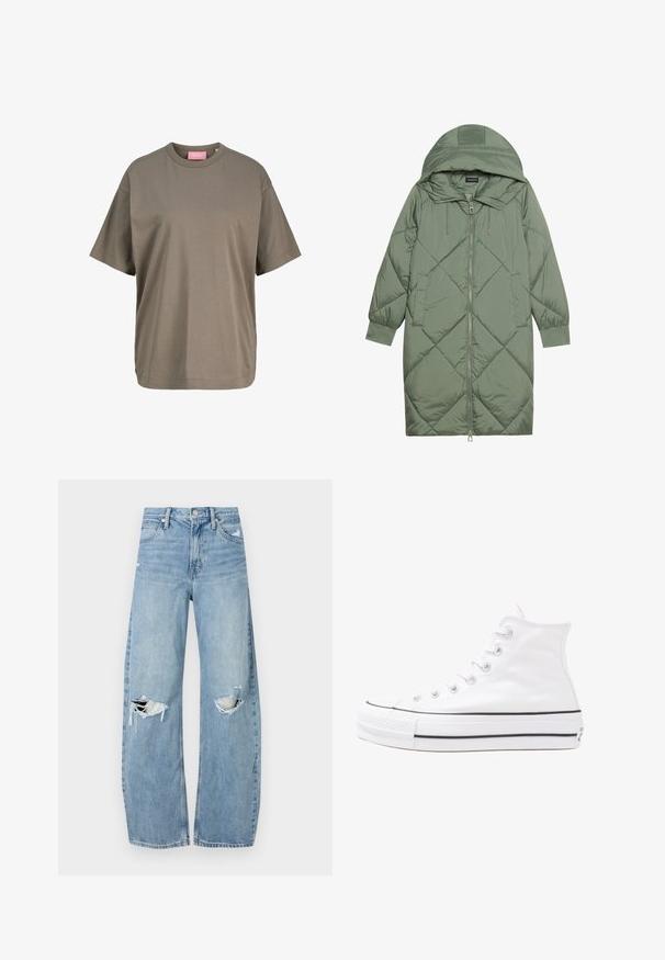 Pistetud pikk roheline puffermantel kapuutsiga, esiküljel tõmblukuga ja kahe küljetaskuga. Kogu pinnal on struktureeritud rombikujundus.; Olivroheline lühikeste varrukatega T-särk, mis on valmistatud pehmest puuvillast. Omab ümmargust kaelust ja sirget lõikehi, millel on minimaalne õmblusdetailide arv.; Heledad hallideega sinised teksad, millel on kõrge talje. Teksade jalgadel on lai alus, kaks rebitud kohta põlvede ümber ning klassikaline viie tasku stiil.; Valge kõrgem kangast tenniseking, millel on must kummist tald, ees kummist varvasetugi ja kuus aukku paelte jaoks, pakkudes puhta ja minimalistliku disaini.