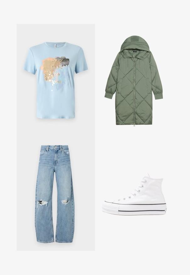 Quiltet lang grønn pufferjakke med hette, med en frontglidelås og to sidelommer. Teksturerte diamantmønster overalt.; Lyseblå kortermet t-skjorte laget av myk stoff. Har et sprutdesign i gull, grått, fersken og blått med teksten "Vær tro mot deg selv."; Lyseblå høytlivsjeans laget av denim. Har vide bein, to revne knær og klassisk fem-lommers design.; Hvit høy-skinn kanvas sneakers med svart gummisåle, gummitåhette foran og seks hull for snorer, med et rent, minimalistisk design.