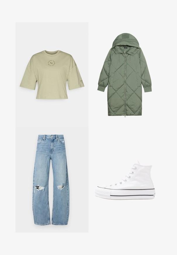 Quilted long green puffer coat with a hood, featuring a front zipper closure and two side pockets. Textured diamond pattern throughout.; Light green cropped t-shirt made of soft cotton, featuring short sleeves and a round neckline. Central printed logo with "HYROX TRAINING CLUB."; Light blue, high-waisted jeans made of denim. Feature wide legs, two torn knee areas, and classic five-pocket styling.; White high-top canvas sneaker with black rubber sole, front rubber toe cap, and six eyelets for laces, featuring a clean, minimalist design.