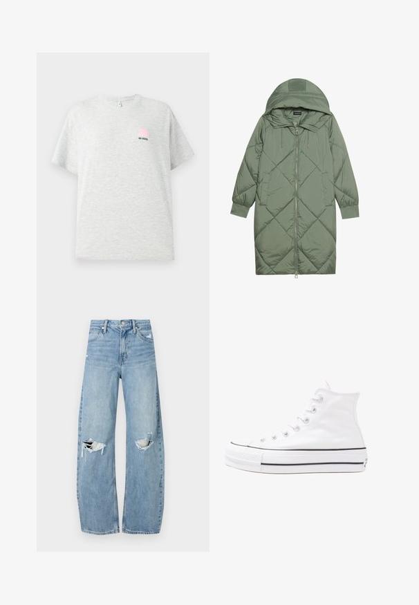 Quiltuotas ilgas žalias pūkinis paltas su kapuce, turintis priekinį užtrauktuką ir dvi šonines kišenes. Visame paviršiuje yra tekstūrinis rombų raštas.; Šviesiai pilkas trumpas rankovės marškinėliai, pagaminti iš medvilnės, su mažo rožinio kibirėlio grafika ir juodu užrašytu "BE GOOD".; Šviesiai mėlynos, aukštu juosmeniu džinsai pagaminti iš džinsinio audinio. Turi plačias kojų kelnes, dvi suplėšytas kelio vietas ir klasikinį penkių kišenių dizainą.; Balti aukštakulniai drobės sportbačiai su juodu guminio pado, priekinio guminio piršto dangteliu ir šešiais akytėmis raištams, pasižymintys švariu, minimalistiniu dizainu.