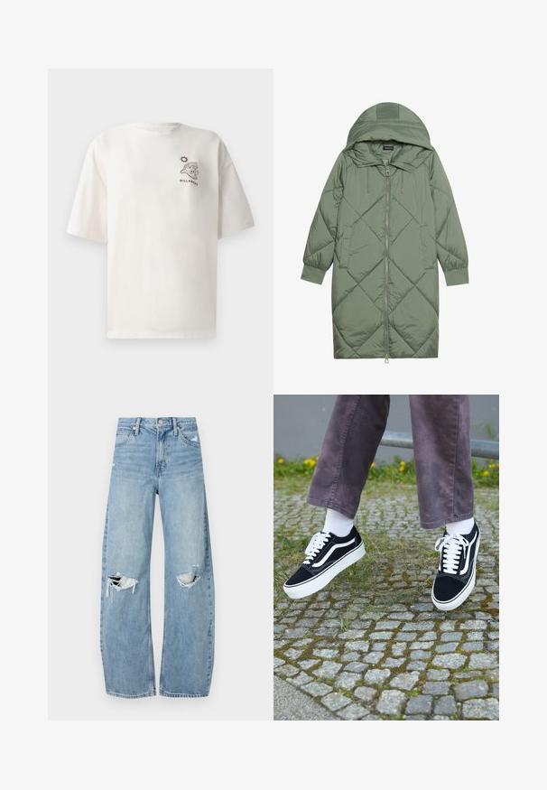 Izšūts garš zaļš pūšļa mētelis ar kapuci, ar priekšējo rāvējslēdzēju un divām sānu kabatām. Visā virsmā ir teksturēta dimanta raksts.; Kremskrāsas kokvilnas T-krekls ar īsām piedurknēm, ar grafiku, kurā attēlota viļņu un saules aina, kā arī uzrakstu "BILLABONG" priekšā.; Gaiši zili, augstās vidukļa džinsi, kas izgatavoti no denima. Iespējas plašas kājas, divas plēstas ceļa daļas un klasiskā piecu kabatu dizains.; Melni zamšādas sporta apavi ar baltiem akcentiem, ar apaļu purngalu, biezu baltu zoli un klasisku šņorēšanas dizainu, uzvilkti ar baltām zeķēm un violetām biksēm.