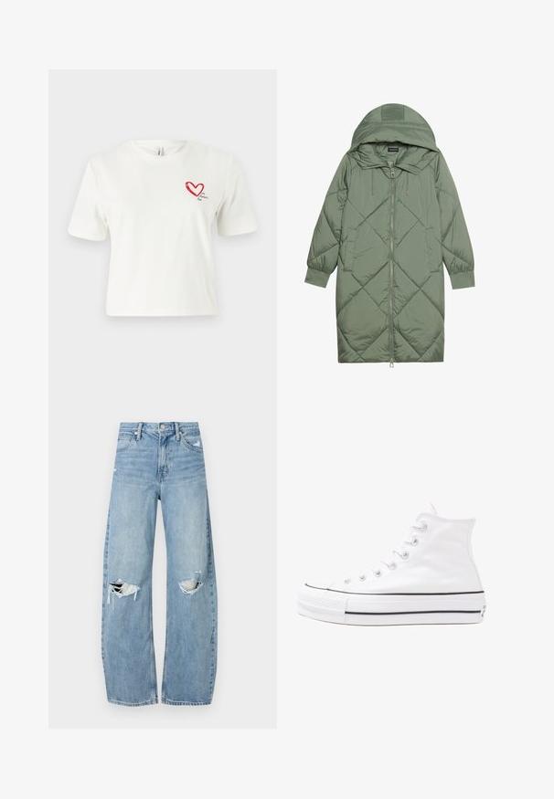 Vihreä vuorattu pitkänmallinen puhvitakki, jossa on huppu, etuvetoketju ja kaksi sivutaskua. Koko takin pinta on teksturoidussa timanttikuviossa.; Valkoinen lyhythihainen t-paita, joka on valmistettu puuvillasta ja jossa on punainen sydänkuvio vasemmassa rinnassa käsinkirjoitetun tekstin alla.; Vaaleansiniset, korkeavyötäröiset farkut, jotka on valmistettu denimmateriaalista. Ominaisuuksiin kuuluvat leveät lahkeet, kaksi revittyä polvialuetta ja klassinen viiden taskun tyyli.; Valkoiset korkeavartiset kangaskengät mustalla kumipohjalla, edessä kuminen varvasosa ja kuusi nauha-aukkoa, puhtaan minimalistisella muotoilulla.