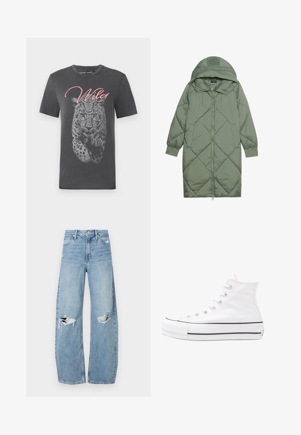 Quiltuotas ilgas žalias pūkinis paltas su kapuce, turintis priekinį užtrauktuką ir dvi šonines kišenes. Visame paviršiuje yra tekstūrinis rombų raštas.; Pilkas trumpas rankovėmis marškinėliai su dideliu leopardu ir užrašu "Wild" rožiniu šriftu. Pagaminti iš švelnaus medvilnės su apvalia kaklo iškirpte.; Šviesiai mėlynos, aukštu juosmeniu džinsai pagaminti iš džinsinio audinio. Turi plačias kojų kelnes, dvi suplėšytas kelio vietas ir klasikinį penkių kišenių dizainą.; Balti aukštakulniai drobės sportbačiai su juodu guminio pado, priekinio guminio piršto dangteliu ir šešiais akytėmis raištams, pasižymintys švariu, minimalistiniu dizainu.