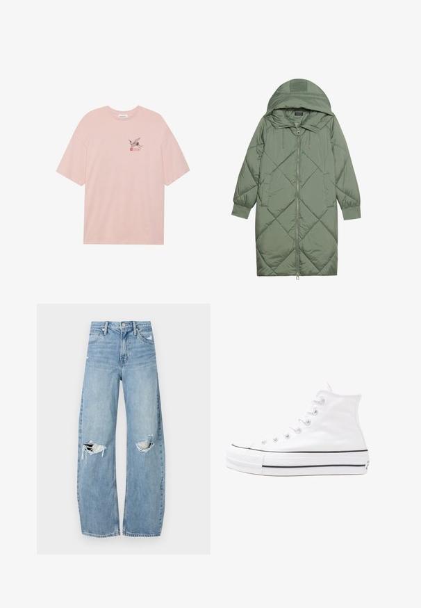Quiltet lang grønn pufferjakke med hette, med en frontglidelås og to sidelommer. Teksturerte diamantmønster overalt.; Lys rosa bomull t-skjorte med et svart hegre-illustrasjon med røde detaljer og ordet "SAKURA." Avslappet passform og rund hals.; Lyseblå høytlivsjeans laget av denim. Har vide bein, to revne knær og klassisk fem-lommers design.; Hvit høy-skinn kanvas sneakers med svart gummisåle, gummitåhette foran og seks hull for snorer, med et rent, minimalistisk design.