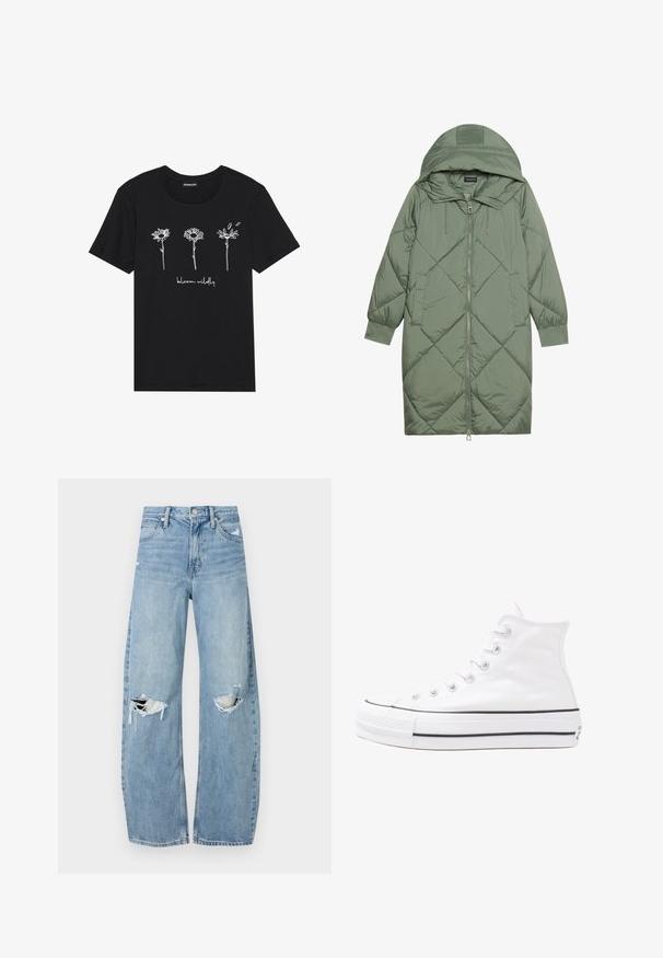 Izšūts garš zaļš pūšļa mētelis ar kapuci, ar priekšējo rāvējslēdzēju un divām sānu kabatām. Visā virsmā ir teksturēta dimanta raksts.; Melna kokvilnas T-kreklu ar baltām līnijām uzzīmētām trim ziediem un tekstu "plaukst trakā" zemāk. Apaļa apkakle un īsas piedurknes.; Gaiši zili, augstās vidukļa džinsi, kas izgatavoti no denima. Iespējas plašas kājas, divas plēstas ceļa daļas un klasiskā piecu kabatu dizains.; Balti augstie kanvas sporta apavi ar melnu gumijas zoli, priekšējo gumijas purngalu un sešām acīm lencēm, kuriem ir tīrs, minimālistisks dizains.