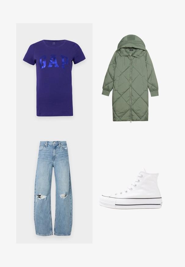Prošívaný dlouhý zelený péřový kabát s kapucí, který má přední zip a dvě boční kapsy. Po celém povrchu je texturovaný diamantový vzor.; Fialové bavlněné tričko s lesklým modrým logem "GAP" v tučných písmenech. Krátké rukávy a design s kulatým výstřihem.; Světle modré džíny s vysokým pasem vyrobené z denimu. Mají široké nohavice, dvě roztržené oblasti na kolenou a klasický pětikapsový střih.; Bílé vysoké plátěné tenisky s černou gumovou podrážkou, přední gumovou špičkou a šesti očky na tkaničky, se čistým, minimalistickým designem.