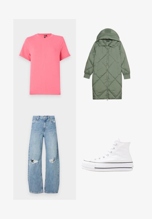 Pistetud pikk roheline puffermantel kapuutsiga, esiküljel tõmblukuga ja kahe küljetaskuga. Kogu pinnal on struktureeritud rombikujundus.; Erksroosa lühikeste varrukatega t-särk, mis on valmistatud pehmest puuvillast; omab ümarat kaelust ja vabalt laskuvat lõiget, koos rullitud varrukaotstega ja siledat tekstuuri.; Heledad hallideega sinised teksad, millel on kõrge talje. Teksade jalgadel on lai alus, kaks rebitud kohta põlvede ümber ning klassikaline viie tasku stiil.; Valge kõrgem kangast tenniseking, millel on must kummist tald, ees kummist varvasetugi ja kuus aukku paelte jaoks, pakkudes puhta ja minimalistliku disaini.