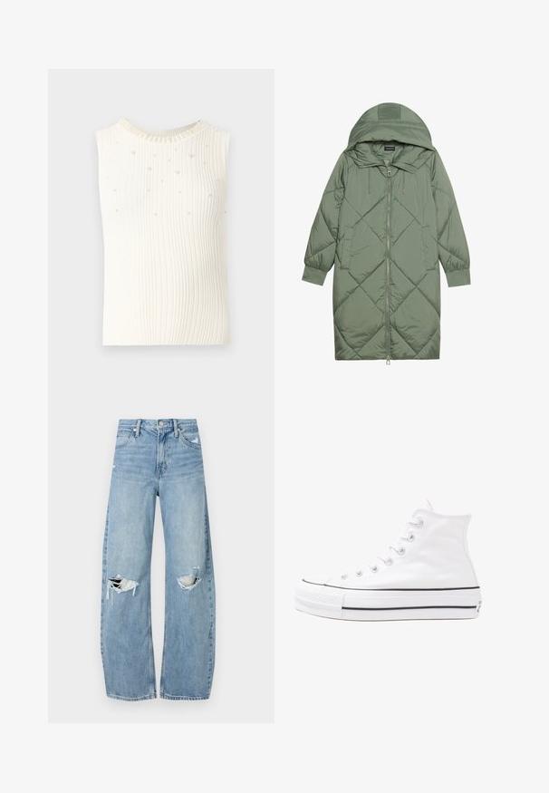 Prostorna dolga zeleni puffer plašč s kapuco, z zadrgo spredaj in dvema stranskima žepoma. Tekstura z diamantnim vzorcem po celotni površini.; Bela brezrokavna rebrasta majica iz teksturiranega blaga, okrašena z malimi biserčki in dekorativnim ovratnikom iz perlic.; Svijetloplave traperice visoki struk. Imaju široke nogavice, dva poderana područja na koljenima i klasičan petotoksi stil.; Beli visoki platneni športni čevelj z črnim gumijastim podplatom, sprednjim gumijastim zaščitnikom za prste in šestimi luknjicami za vezalke, ki se ponaša s preprostim, minimalističnim dizajnom.