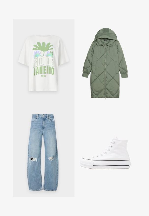 Gequiltede lange groene pufferjas met een capuchon, met een ritssluiting aan de voorkant en twee zijzakken. Gelaagd ruitpatroon overal.; Witte t-shirt met korte mouwen, met een groene en lavendelafbeelding van palmbladeren en de tekst "RIO DE JANEIRO 1995" in vette lettertype.; Lichtblauwe, hooggeritste jeans van denim. Beschikken over wijde pijpen, twee gescheurde knievalken en klassieke vijfzakken styling.; Witte high-top canvas sneakers met een zwarte rubberen zool, een rubberen neuskap aan de voorkant en zes gaatjes voor veters, met een schone, minimalistische uitstraling.