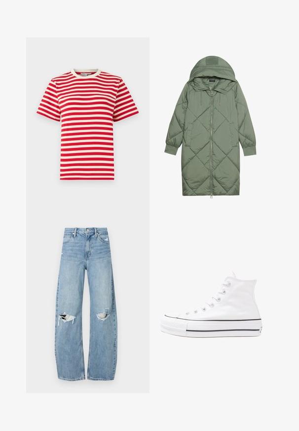 Quilted long green puffer coat with a hood, featuring a front zipper closure and two side pockets. Textured diamond pattern throughout.; Red and white striped t-shirt with a crew neckline and short sleeves. Made of cotton, it features even-width horizontal stripes.; Light blue, high-waisted jeans made of denim. Feature wide legs, two torn knee areas, and classic five-pocket styling.; White high-top canvas sneaker with black rubber sole, front rubber toe cap, and six eyelets for laces, featuring a clean, minimalist design.
