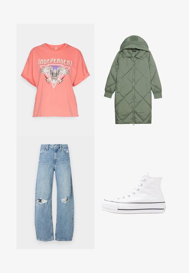 Quiltana duga zelena puffer jakna s kapuljačom, s prednjim zatvaračem i dva bočna džepa. Teksturni dijamantni uzorak kroz cijelu jaknu.; Korallen-roza majica s kratkim rukavima izrađena od mekanog pamuka, s grafičkim dizajnom koji prikazuje orla i riječ "NEZAVISNO" u podebljanim slovima.; Svijetloplave, visoko-strukirane traperice. Imaju široke nogavice, dva razderana područja na koljenima i klasičan stil s pet džepova.; Bijela visoka platnena tenisica s crnom gumenom potplatom, prednjim gumenim zaštitnikom prstiju i šest rupa za vezanje, s čistim, minimalističkim dizajnom.