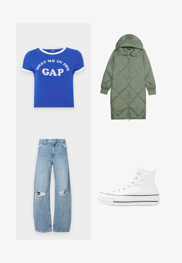 Quilted long green puffer coat with a hood, featuring a front zipper closure and two side pockets. Textured diamond pattern throughout.; Blue cotton t-shirt with a white crew neckline and sleeve cuffs. Features front text reading "MEET ME IN THE GAP" in distressed white print.; Light blue, high-waisted jeans made of denim. Feature wide legs, two torn knee areas, and classic five-pocket styling.; White high-top canvas sneaker with black rubber sole, front rubber toe cap, and six eyelets for laces, featuring a clean, minimalist design.