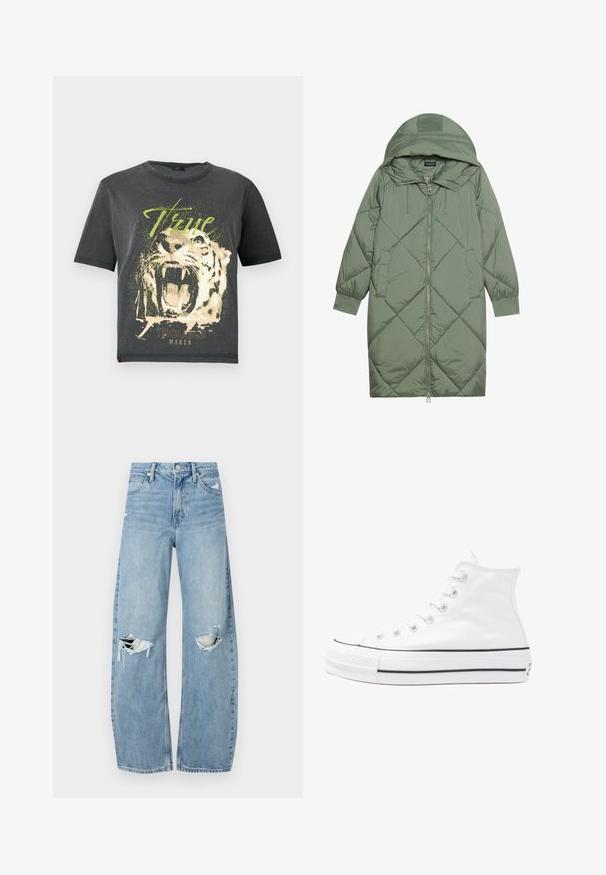 Quilted long green puffer coat with a hood, featuring a front zipper closure and two side pockets. Textured diamond pattern throughout.; JDY JDYFAROCK ELINA - Print T-shirt - black; Light blue, high-waisted jeans made of denim. Feature wide legs, two torn knee areas, and classic five-pocket styling.; White high-top canvas sneaker with black rubber sole, front rubber toe cap, and six eyelets for laces, featuring a clean, minimalist design.