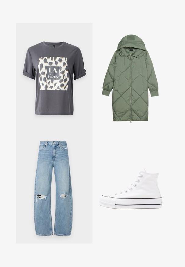 Gesteppten langer grüner Daunenmantel mit Kapuze, mit einem Reißverschluss vorne und zwei Seitentaschen. Strukturiertes Rautenmuster auf der gesamten Fläche.; Graues T-Shirt mit einem Leopardenmuster-Design in Gold und Schwarz, mit dem Text "LA Vibes" in einem zentralen Quadrat auf der Vorderseite. Kurzärmlig.; Helles, hochtailliertes Jeans aus Denim. Hat weit geschnittene Beine, zwei aufgerissene Kniebereiche und klassischen Fünf-Taschen-Stil.; Weiße hochwertige Leinensneaker mit schwarzer Gummisohle, vorderem Gummizehenschutz und sechs Ösen für Schnürsenkel, die ein sauberes, minimalistisches Design aufweisen.