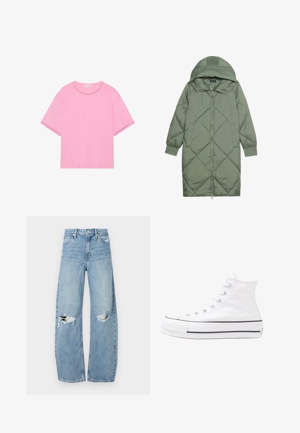 Vadderad lång grön pufferjacka med huva, med en framsidan dragkedjestängning och två sidofickor. Strukturerad diamantmönster över hela plagget.; Rosa t-shirt i mjuk bomull med rund halsringning och korta ärmar. Har subtila sömdetaljer vid halsringningen och fållen.; Ljusblå, högmidjade jeans i denim. Har vida ben, två slitna knäområden och klassisk femfickedesign.; Vit hög topp canvas sneaker med svart gummisulan, framsidan gummitåhätta och sex öglor för snören, med en ren, minimalistisk design.