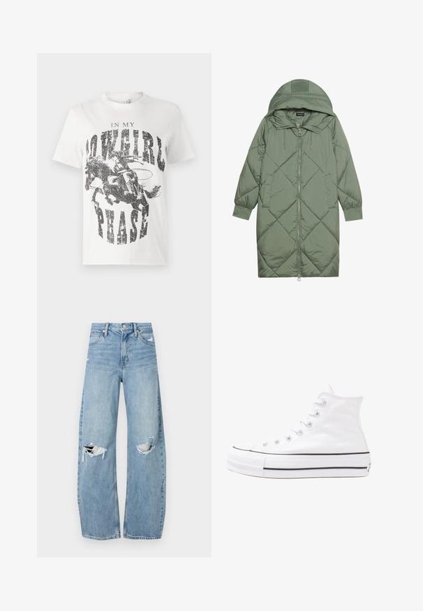 Prošívaný dlouhý zelený péřový kabát s kapucí, který má přední zip a dvě boční kapsy. Po celém povrchu je texturovaný diamantový vzor.; Bílý bavlněný tričko s grafickým potiskem koně a jezdce s textem "VE SVÉM KOVBOJKOVSKÉM OBDOBÍ" v tučném, opotřebovaném černém písmu.; Světle modré džíny s vysokým pasem vyrobené z denimu. Mají široké nohavice, dvě roztržené oblasti na kolenou a klasický pětikapsový střih.; Bílé vysoké plátěné tenisky s černou gumovou podrážkou, přední gumovou špičkou a šesti očky na tkaničky, se čistým, minimalistickým designem.