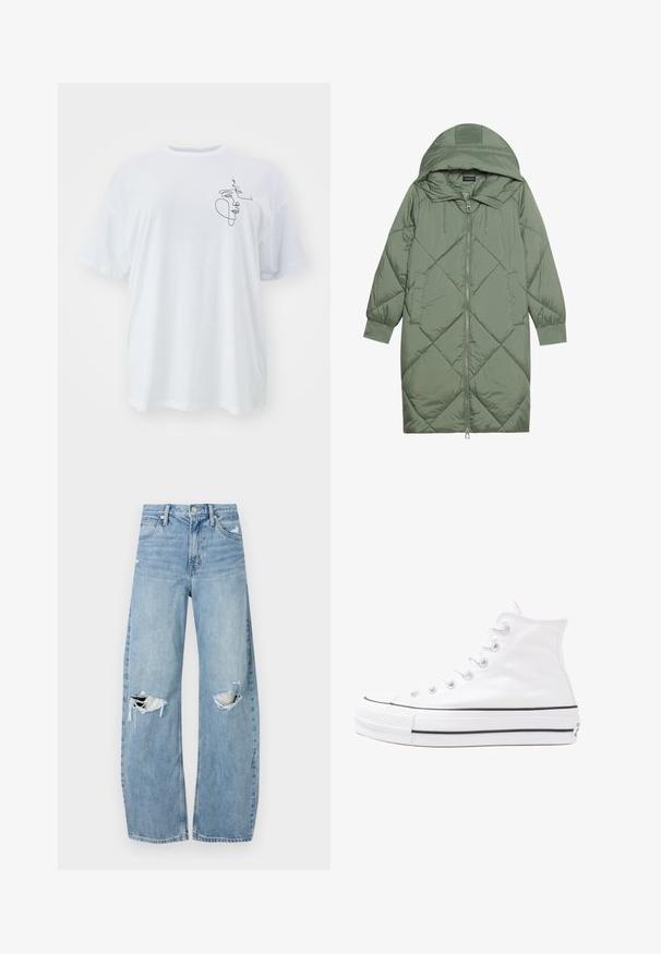 Gesteppten langer grüner Daunenmantel mit Kapuze, mit einem Reißverschluss vorne und zwei Seitentaschen. Strukturiertes Rautenmuster auf der gesamten Fläche.; Weißes Baumwoll-T-Shirt im Oversized-Schnitt mit einer minimalistischen schwarzen Linienzeichnung auf der linken Seite. Klassischer Rundhalsausschnitt und kurze Ärmel.; Helles, hochtailliertes Jeans aus Denim. Hat weit geschnittene Beine, zwei aufgerissene Kniebereiche und klassischen Fünf-Taschen-Stil.; Weiße hochwertige Leinensneaker mit schwarzer Gummisohle, vorderem Gummizehenschutz und sechs Ösen für Schnürsenkel, die ein sauberes, minimalistisches Design aufweisen.