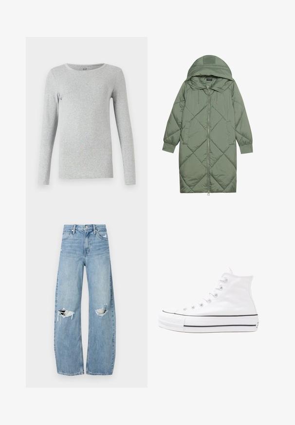 Steppelt, hosszú zöld pufikabát kapucnival, elöl cipzáras záródással és két oldalsó zsebből áll. Az anyagon teljes hosszában váltakozó gyémántmintázat található.; Szürke, hosszú ujjú póló, puha pamutból készült. Kerek nyakkivágással és testhezálló szabással rendelkezik. Egyszerű, foltmentes kialakítás, minták nélkül.; Világoskék, magas derekú farmernadrág. Széles lábakkal, két szakadt térddel és klasszikus öt zsebes dizájnnal rendelkezik.; Fehér magaskorsó vászon sportcipő fekete gumi talppal, elülső gumi orrnyereggel és hat fűzőlyukkal, letisztult, minimalista dizájnnal.