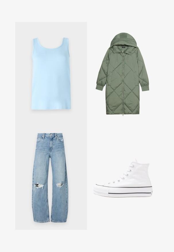 Cele nouă pictate în verde închis, din material pufos, cu glugă, care dispune de închidere cu fermoar frontal și două buzunare laterale. Model texturat cu un model în diamant pe întreaga suprafață.; Top fără mâneci, de culoare albastru deschis, fabricat dintr-o țesătură moale. Are un decolteu rotund și o margine dreaptă, fără modele sau accente suplimentare.; Jeans de denim, de un bleu deschis, cu talie înaltă. Au picioare late, două zone rupte la genunchi și un stil clasic cu cinci buzunare.; Adidași albi tip pantofi sport cu glezna din pânză, cu talpă din cauciuc negru, capac de vârf din cauciuc frontal și șase ochiuri pentru șireturi, având un design curat și minimalist.